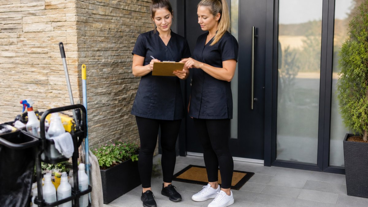 Professional cleaning team of two people in uniform reviewing a checklist and property access instructions before starting a turnover clean at a rental property entrance, natural outdoor lighting