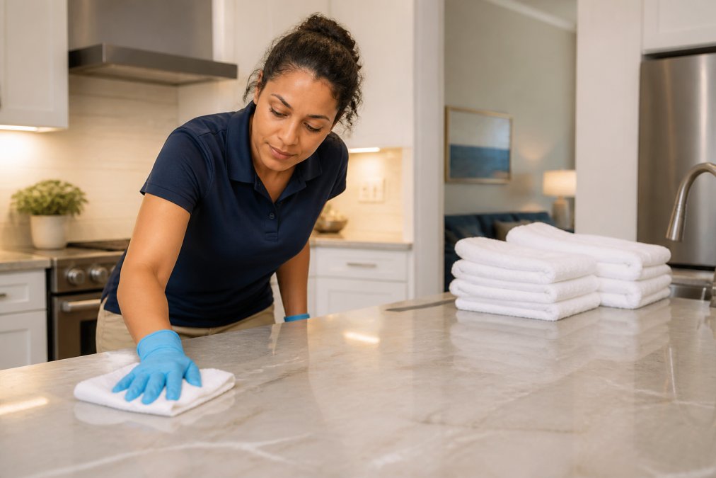 A cleaning professional in gloves wiping a kitchen counter in a bright, modern short-term rental apartment, fresh towels folded on the island behind her