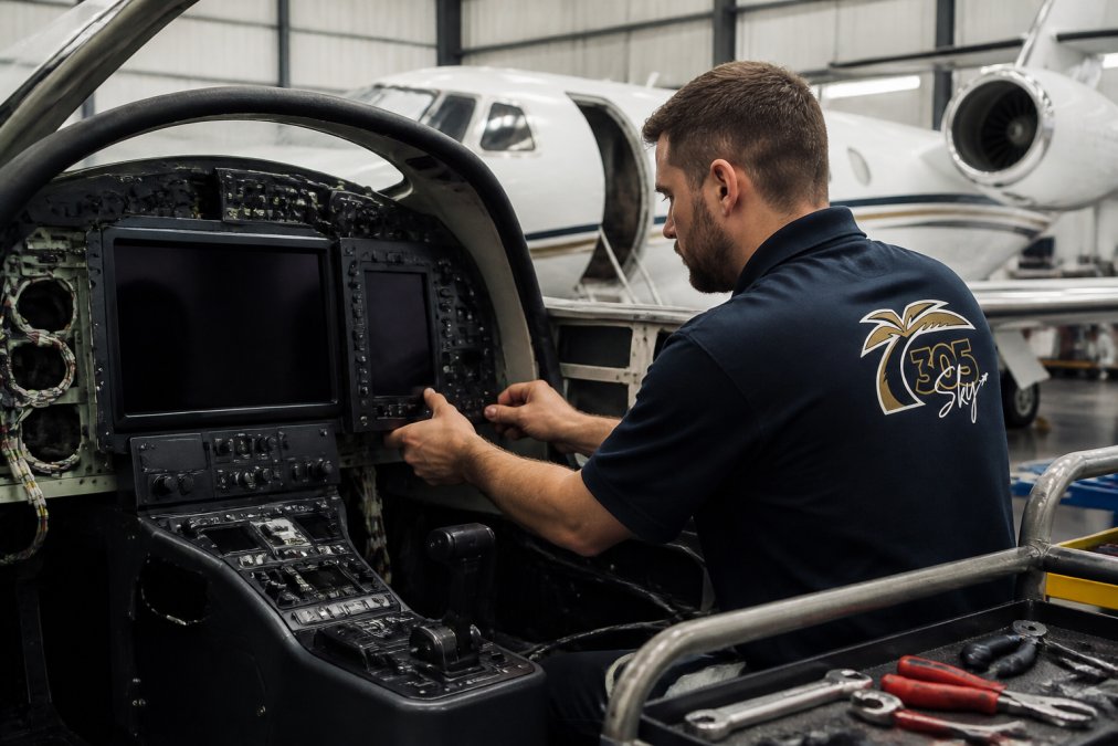 Aircraft technician inspecting a glass cockpit display during avionics upgrades in a hangar