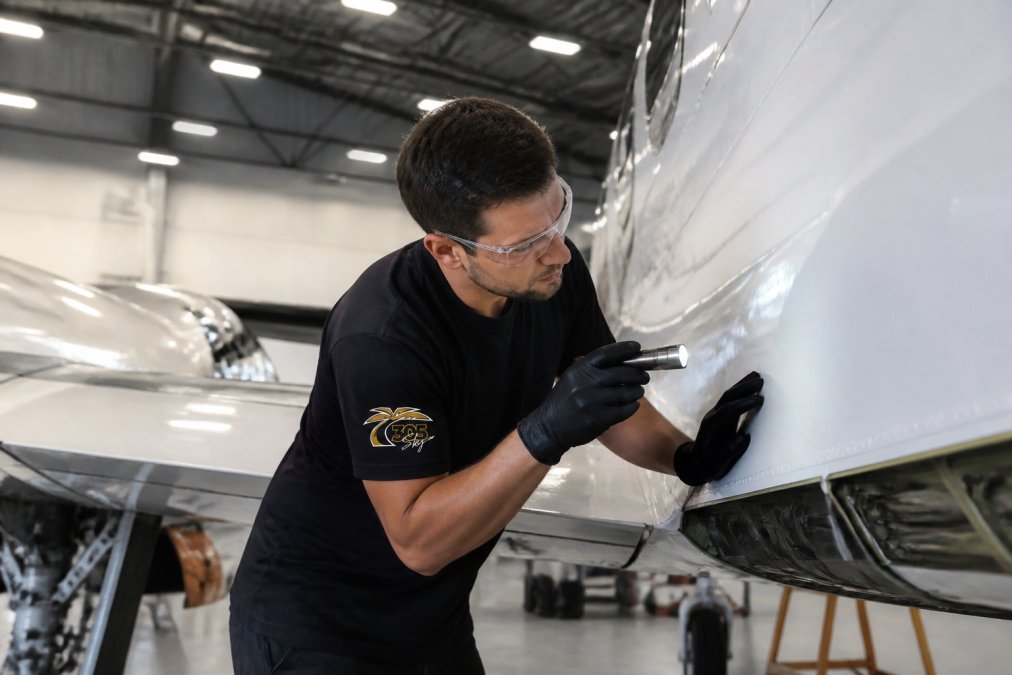 Aviation maintenance technician performing detailed structural inspection of aircraft fuselage skin, examining wing spars and control surfaces in a large hangar facility with bright overhead lighting