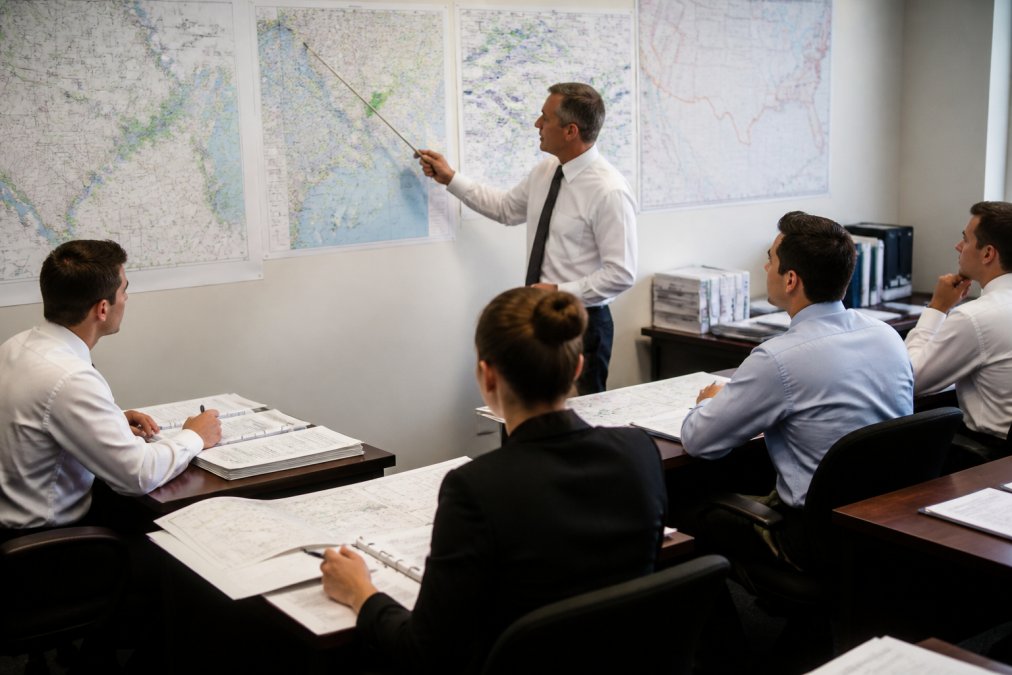 Instructor pointing to detailed aviation weather charts and aeronautical maps while students in professional attire take notes and reference flight planning documents at desks in a bright classroom setting