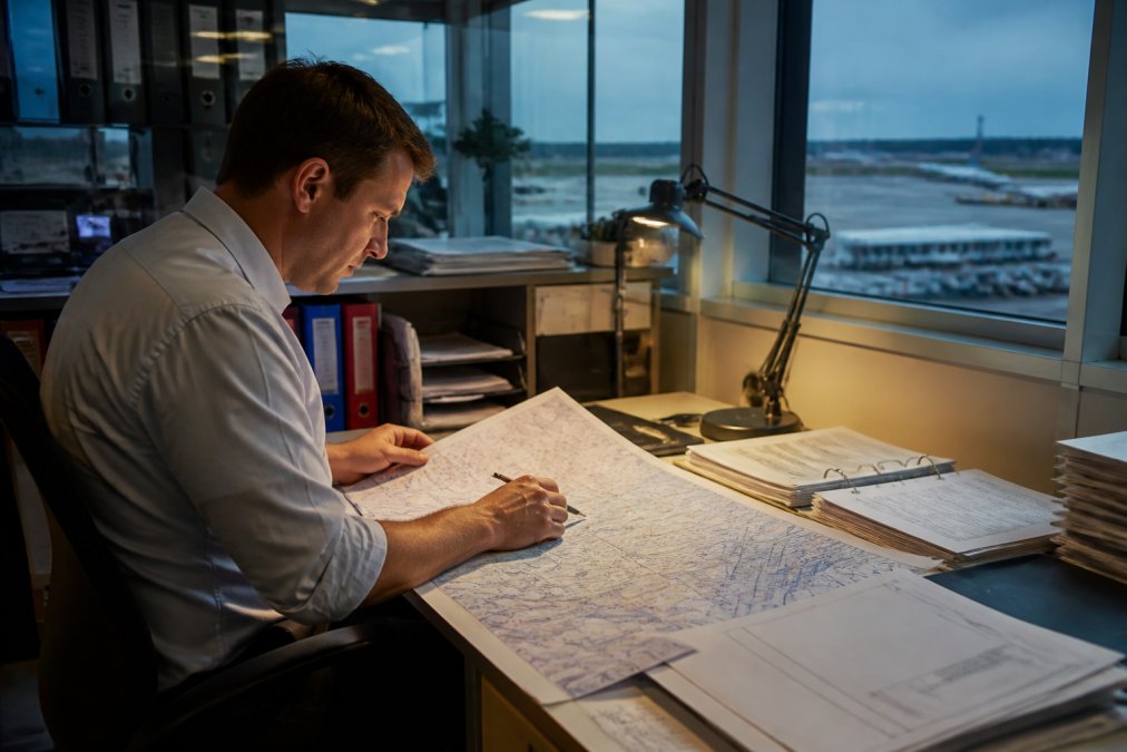 Professional dispatcher at a modern dispatch center workstation monitoring multiple high-resolution screens displaying real-time flight tracking maps, weather radar, and aircraft performance data in a climate-controlled facility with ambient lighting
