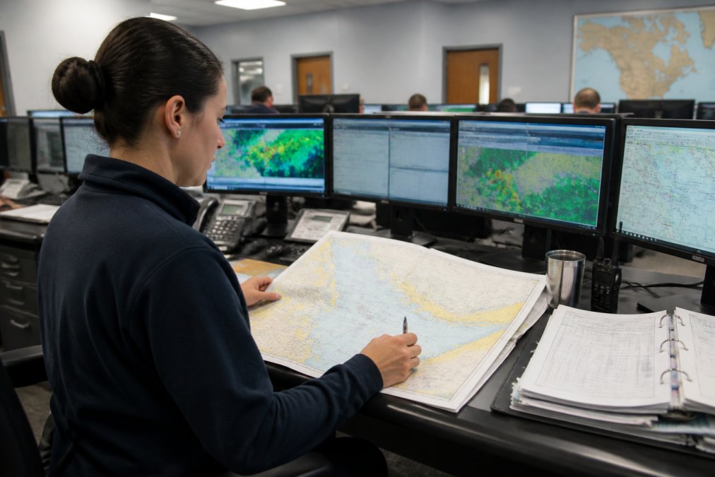Professional dispatcher reviewing flight plans and weather maps at a control station desk in a modern flight operations center, with multiple monitors and aviation charts visible under bright overhead lighting
