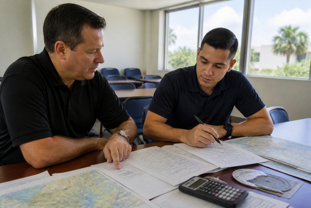 Instructor and student in a classroom setting reviewing weight and balance calculations on a desk with aviation charts and calculation tools, natural light from windows, focused discussion