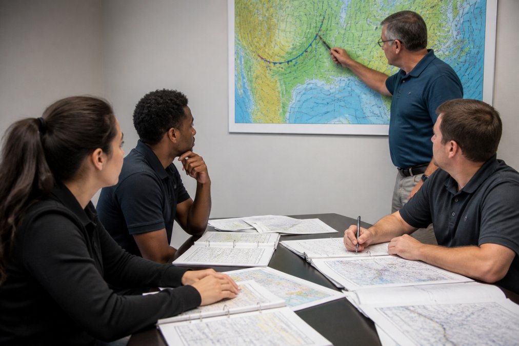 A small group of adult students in a bright classroom studying aviation charts and flight planning documents with an instructor pointing at a weather map on a screen