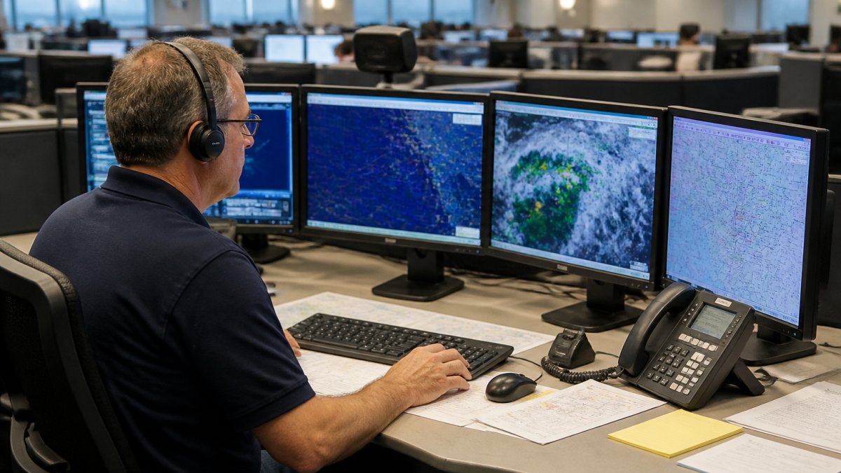 Professional aircraft dispatcher monitoring multiple screens displaying real-time flight tracking data, weather radar, and communication systems in a modern aviation operations center with soft overhead lighting
