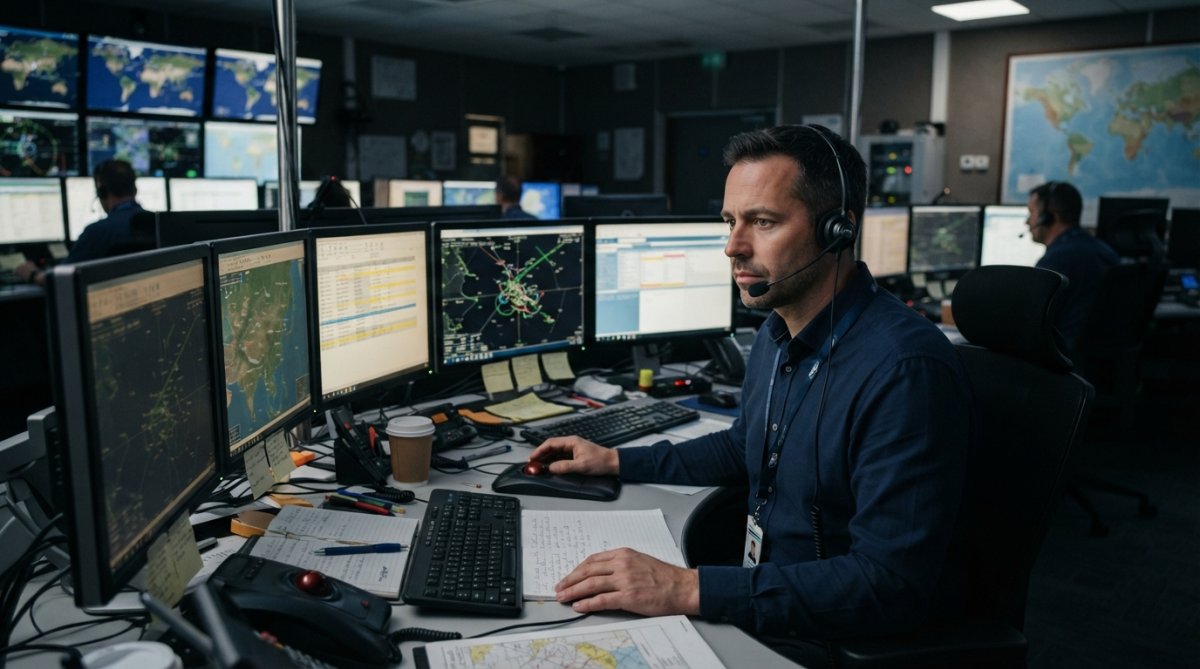 A professional aircraft dispatcher monitoring flight progress on multiple screens in a dimly lit operations center, wearing a headset with a focused expression