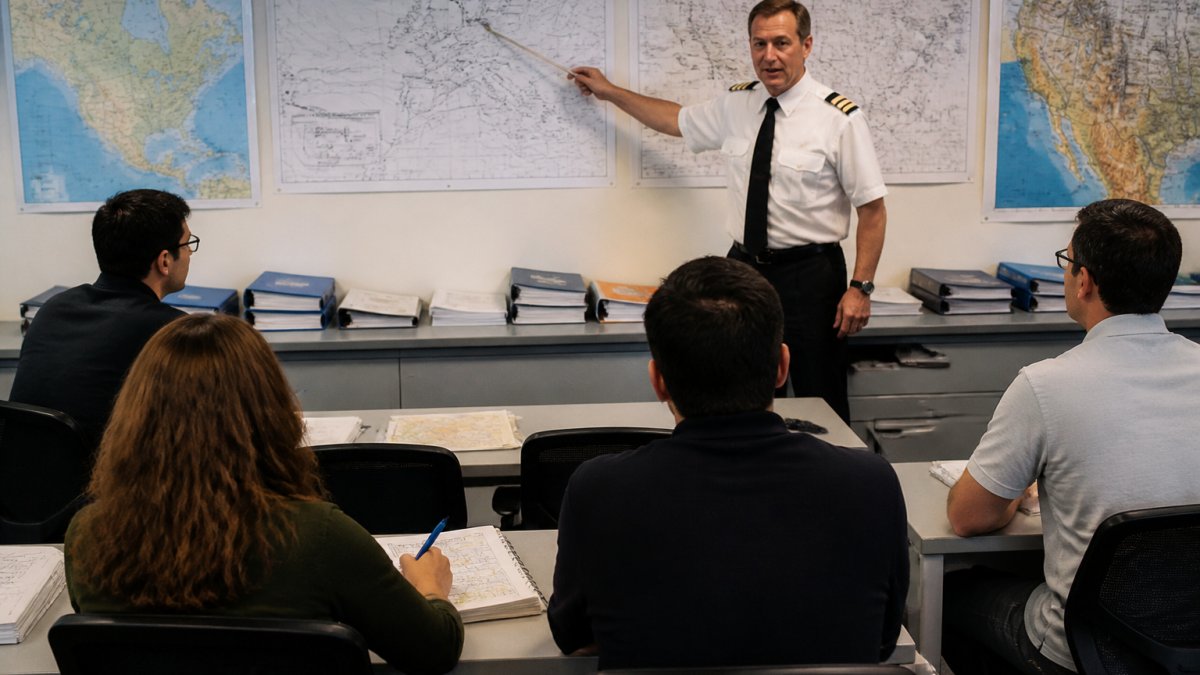 Professional airline pilot instructor leading small classroom of students at workstations, pointing to weather charts and flight planning materials on classroom wall