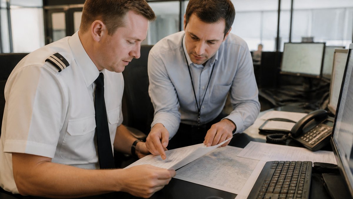 Airline pilot and flight dispatcher collaborating in operations center, reviewing flight plan and weather data on computer monitors, showing teamwork and communication in aviation operations
