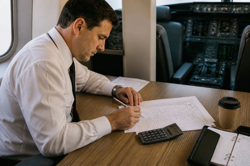 A focused aircraft dispatcher at a desk reviewing a printed load sheet with a calculator, pen, and coffee cup nearby, cockpit instruments visible through a window in the background
