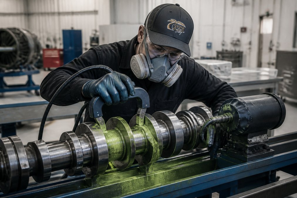 Certified technician performing magnetic particle inspection on an aircraft engine crankshaft in a well-lit maintenance facility, wearing protective equipment with specialized inspection equipment visible