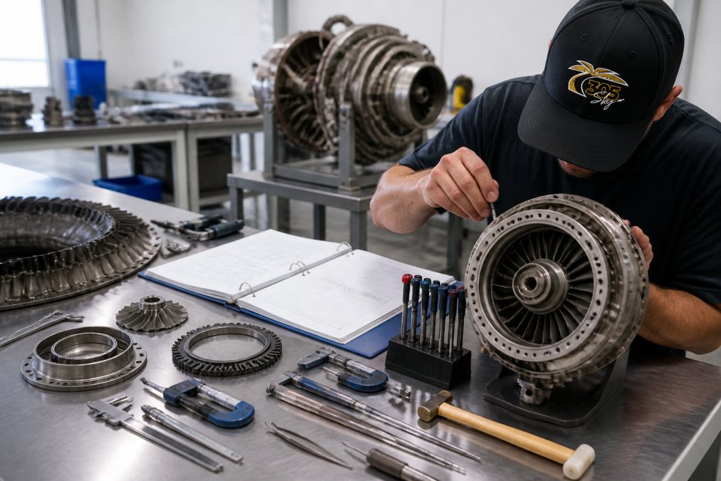 Precision engineering workbench with organized engine components, calibrated tools, technical documentation, and reassembly in progress under bright workshop lighting