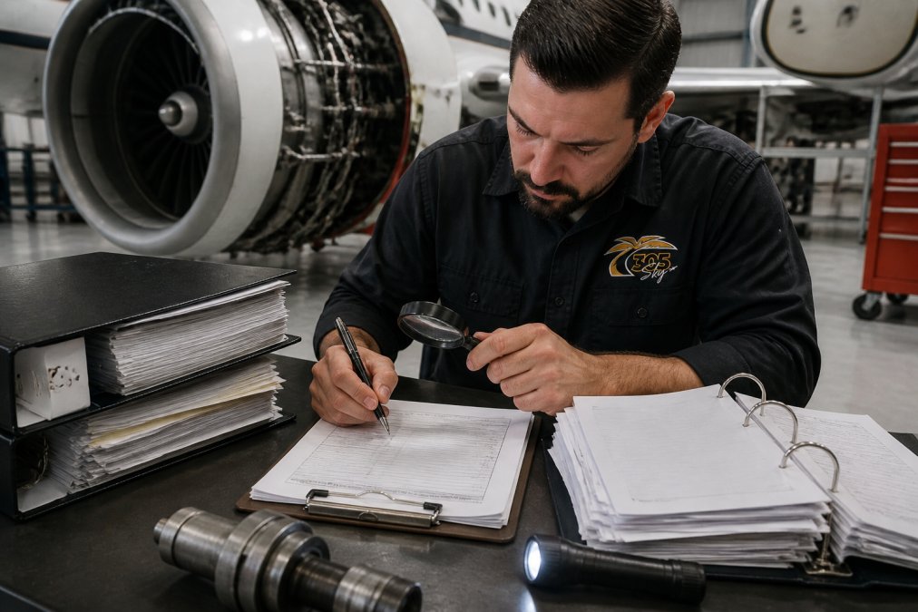 Professional A&P mechanic reviewing aircraft engine logbooks and maintenance records at a desk with technical documentation, clipboard, and magnifying glass under task lighting
