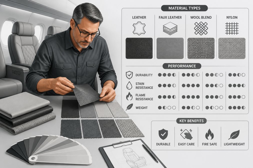 Professional upholsterer examining premium leather and fabric swatches displayed on work table, with color samples and texture samples visible in natural studio lighting