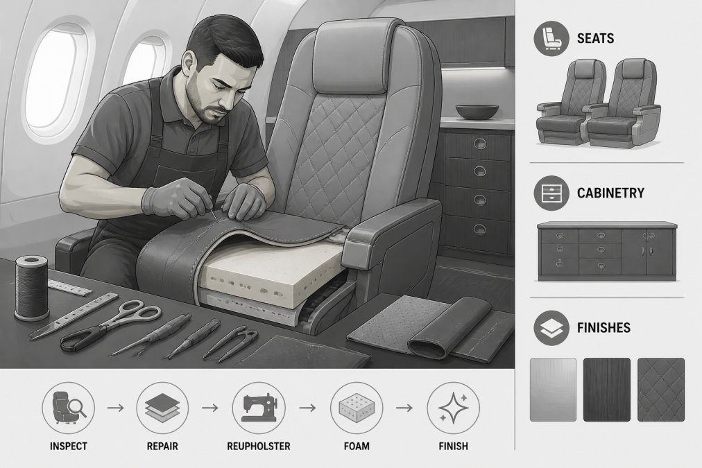Skilled aircraft upholsterer working on custom seat reupholstery in aircraft cabin, carefully stitching leather and installing foam padding with precision tools visible on work table