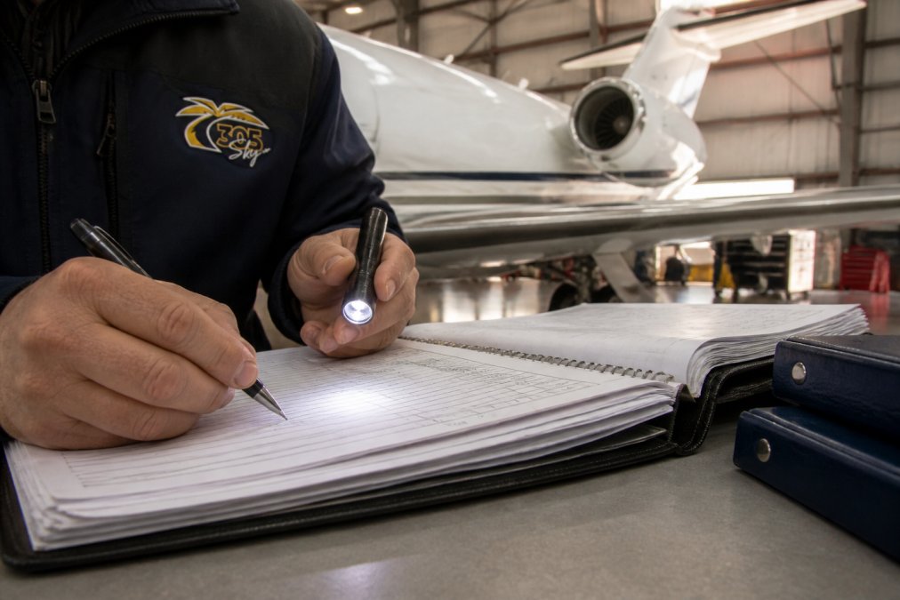 Close-up of an aviation maintenance technician's hands reviewing a paper aircraft maintenance logbook with a pen and flashlight in a hangar, with the tail of a business jet visible in the background
