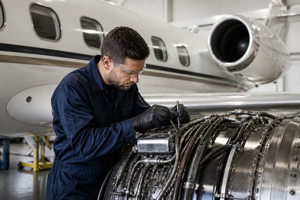 Professional aircraft maintenance technician in uniform performing detailed inspection work on aircraft engine components in a well-lit hangar facility, using precision tools and referencing technical documentation