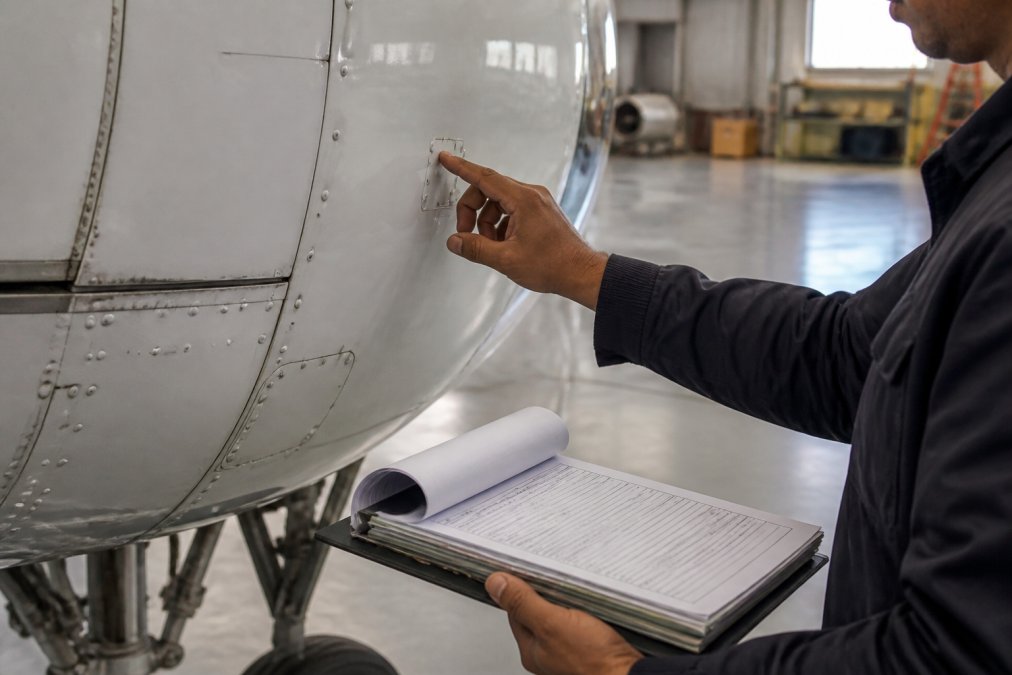 Close-up of aircraft maintenance technician's hands holding maintenance manual and logbook while performing detailed structural integrity inspection on aircraft fuselage component in professional hangar setting