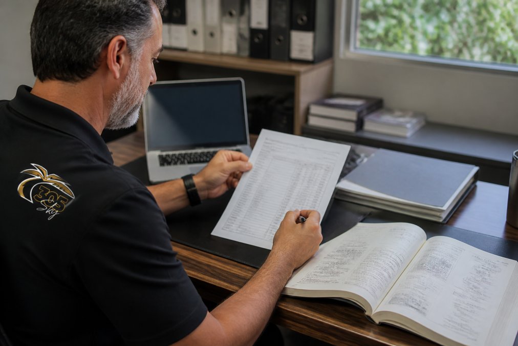 Aircraft owner or maintenance manager at a desk reviewing a detailed printed invoice alongside an open technical logbook and laptop computer, with pen marking specific line items under natural office lighting