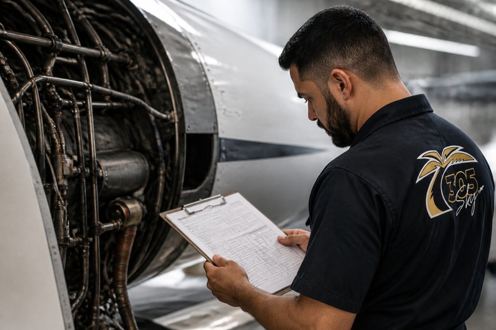 Experienced maintenance technician in uniform holding a clipboard with technical work order and inspection documentation, carefully examining aircraft component detail in hangar lighting