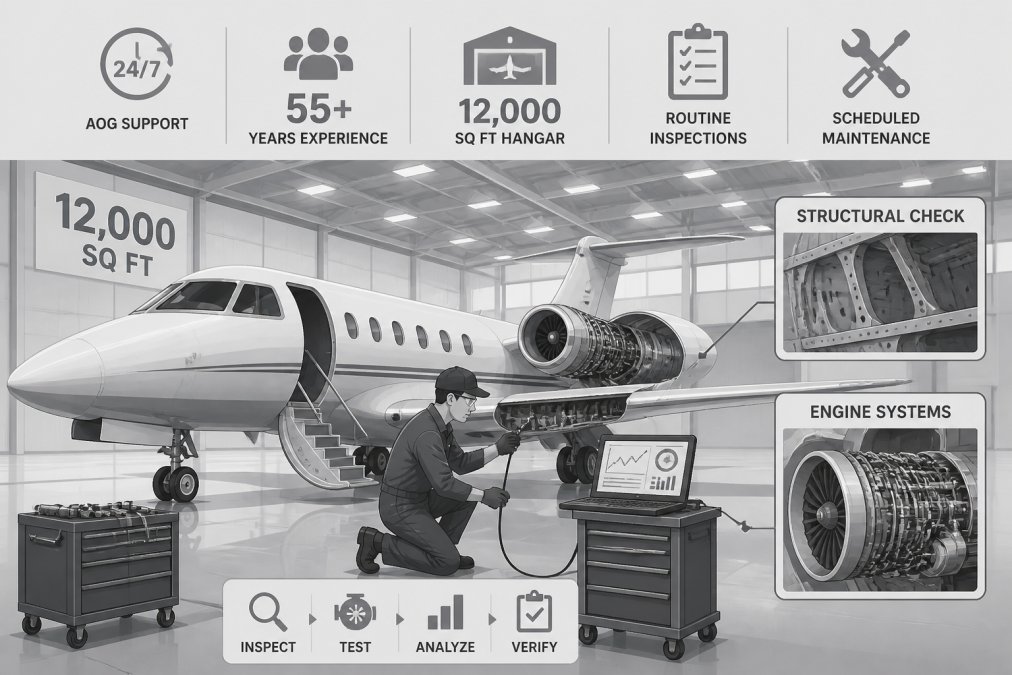 Professional aircraft maintenance technician performing detailed inspection inside a spacious 12,000 sq ft hangar, using diagnostic equipment to check structural components and engine systems under bright overhead lighting