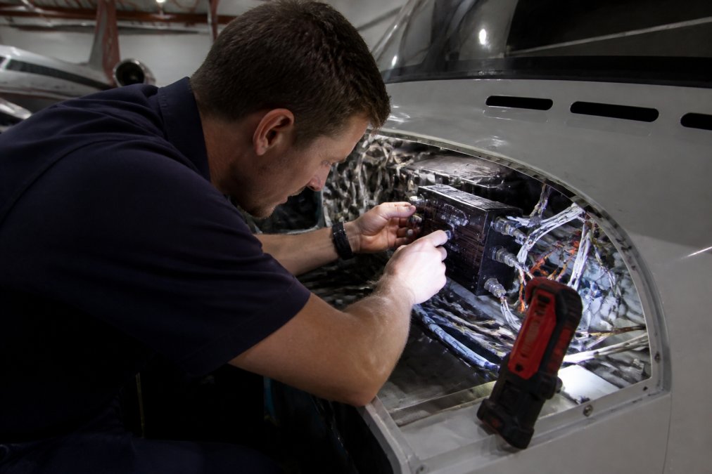 Skilled technician installing modern avionics equipment in aircraft cockpit, carefully connecting precision instruments and wiring harnesses with specialized tools under focused task lighting
