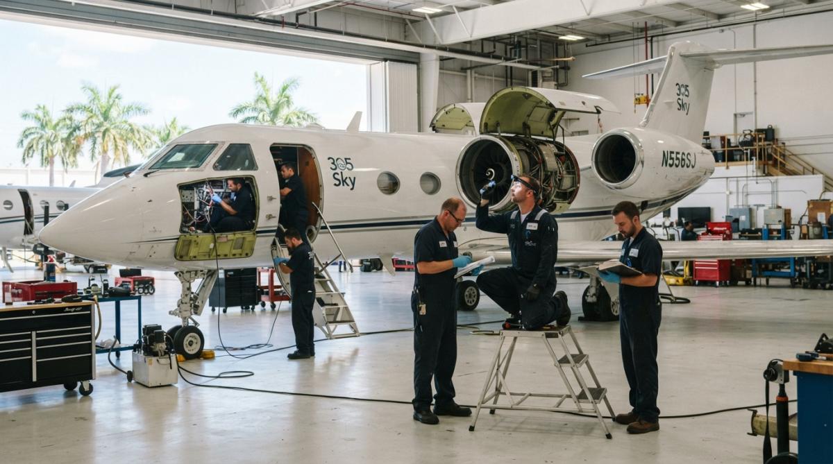 Team of certified aircraft maintenance technicians performing detailed inspection on corporate jet fuselage in modern well-lit hangar facility