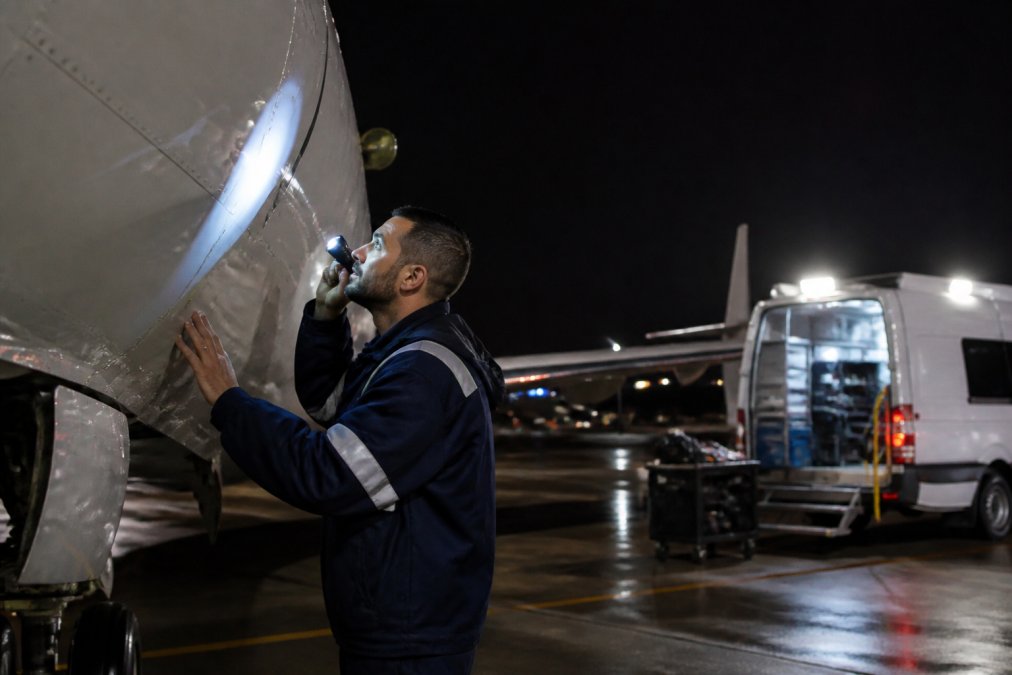 Aircraft maintenance technician in work uniform inspecting aircraft exterior at night with mobile maintenance van and specialized equipment visible in background
