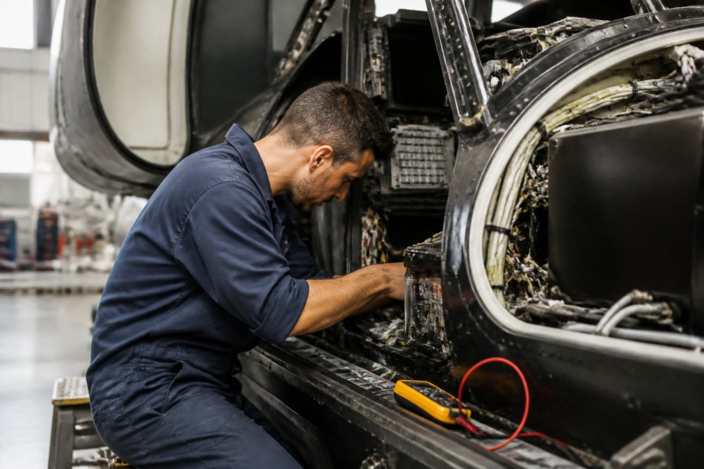 Technician in work uniform installing or inspecting avionics equipment inside aircraft cockpit with specialized diagnostic tools and equipment visible