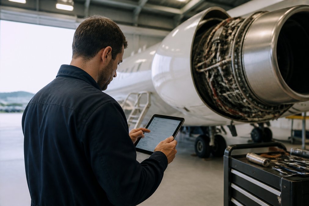 Professional illustration showing aircraft maintenance management