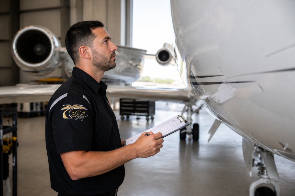 Aviation technician in uniform inspecting aircraft exterior with clipboard, professional hangar setting with aircraft visible in background, natural daylight