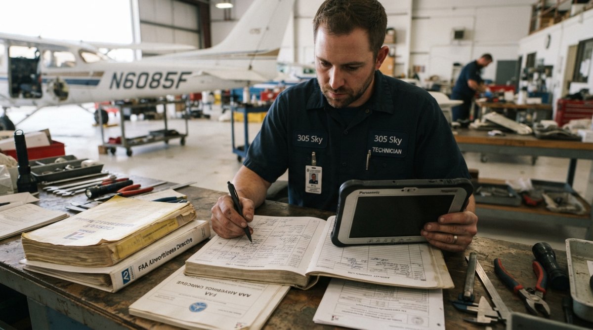 Close-up of aircraft maintenance technician reviewing digital logbook on tablet with technical manuals and inspection records on workbench