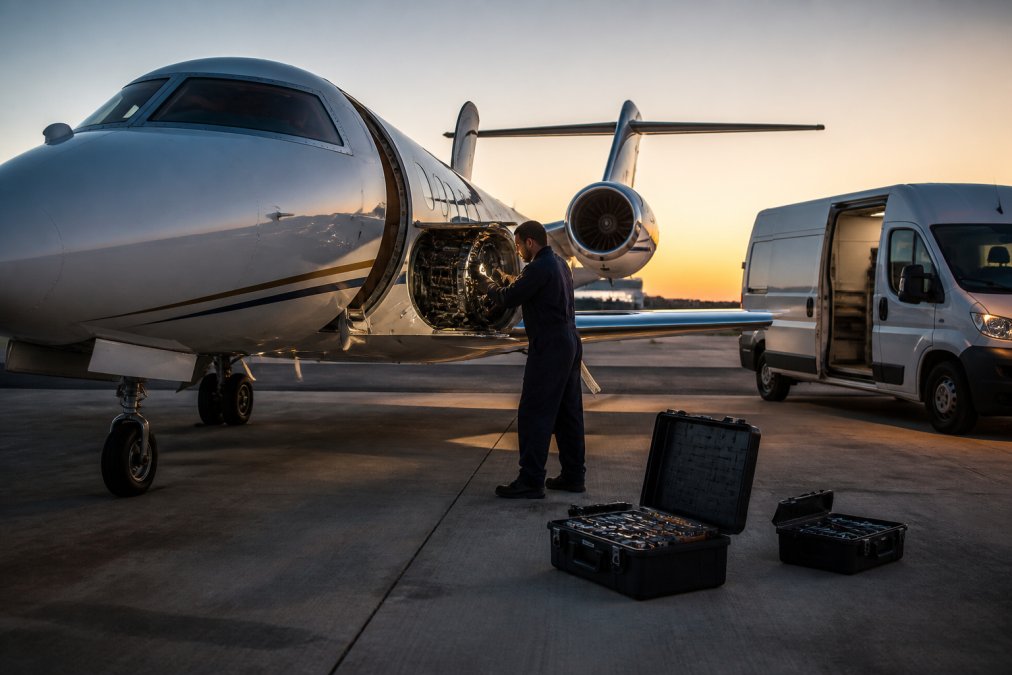 An aviation technician in coveralls working on a private jet engine on a tarmac at dusk, with a mobile service van parked nearby and tool cases open on the ground