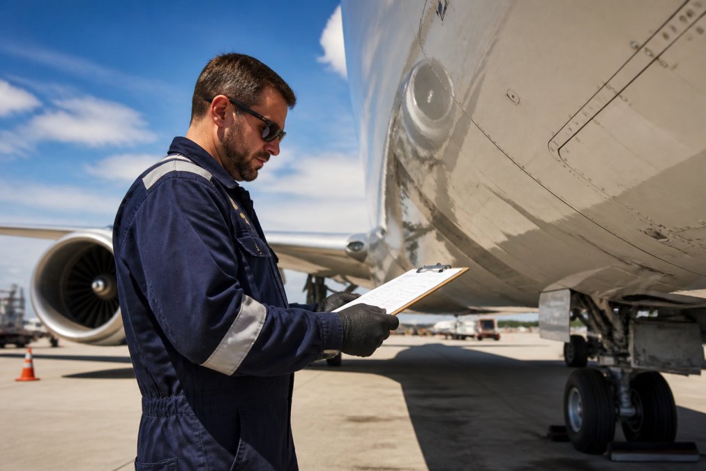 Professional aircraft maintenance technician in uniform inspecting aircraft exterior on tarmac, holding clipboard with checklist, large commercial aircraft visible in background under bright Florida sunlight