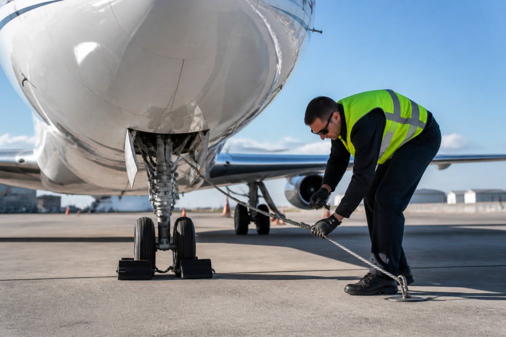 Ground crew member in bright yellow safety vest securing aircraft with tie-down cables and wheel chocks on tarmac, professional maintenance setting with clear blue sky visible