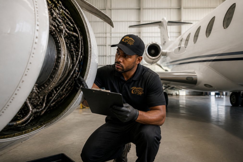 Aircraft maintenance technician performing detailed inspection of aircraft engine and fuselage using diagnostic equipment and clipboard in bright hangar lighting