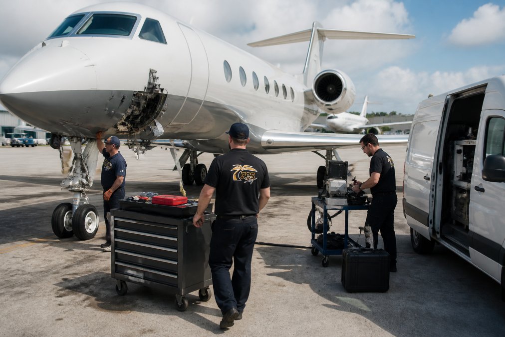 Ground crew and maintenance technician team working together on aircraft at airport ramp with ground support equipment and mobile maintenance van visible under natural daylight