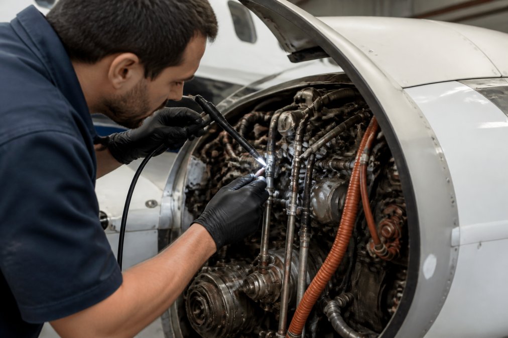 Aircraft maintenance technician using a borescope and inspection light to examine engine compartment internals, hands visible working in tight engine bay with detailed technical focus