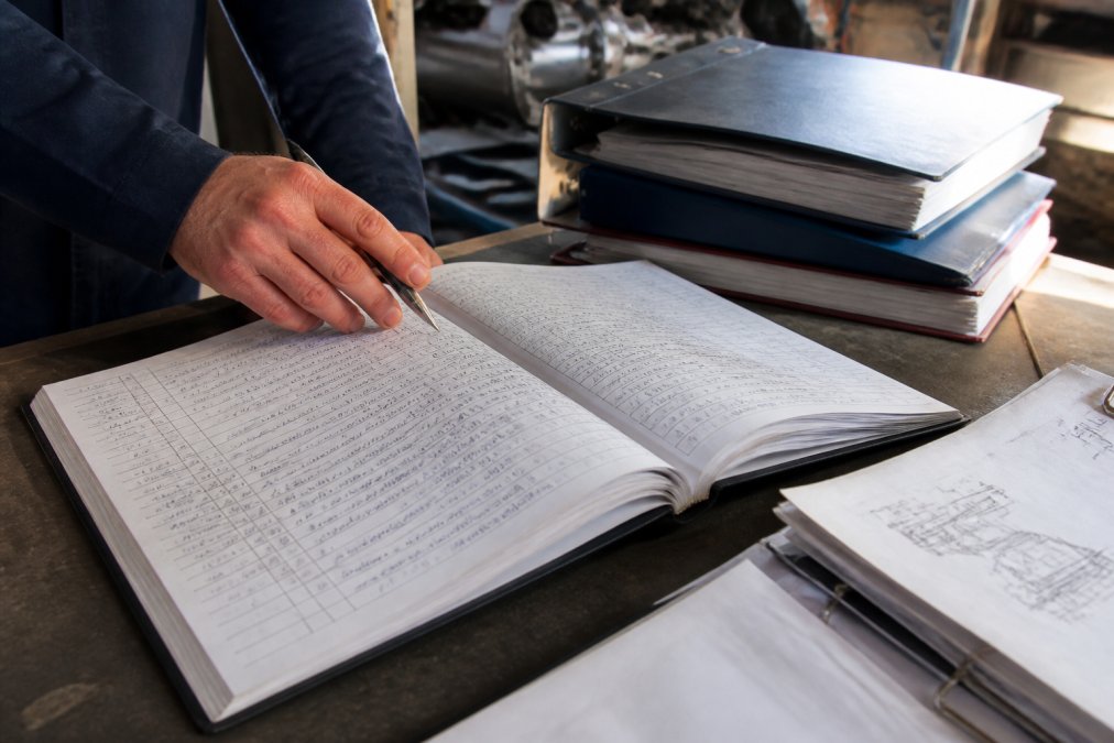 Close-up of an open aircraft logbook with handwritten maintenance entries, a technician's hand holding a pen pointing to specific entries, workbench with maintenance records and technical manuals visible in soft natural light