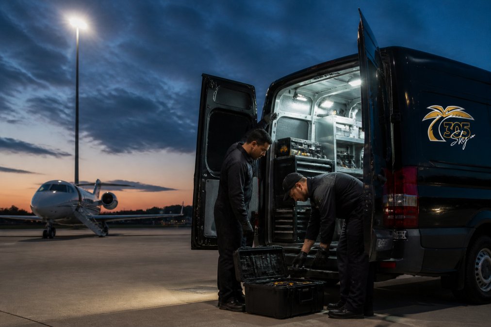 Mobile maintenance van equipped with specialized tools parked on airport tarmac at dusk, with technicians in flight suits preparing diagnostic equipment near the vehicle under overhead lighting