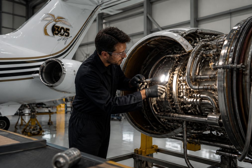 Aircraft technician in protective gear performing detailed inspection of aircraft engine components inside a modern hangar, using specialized diagnostic tools with bright LED work lighting