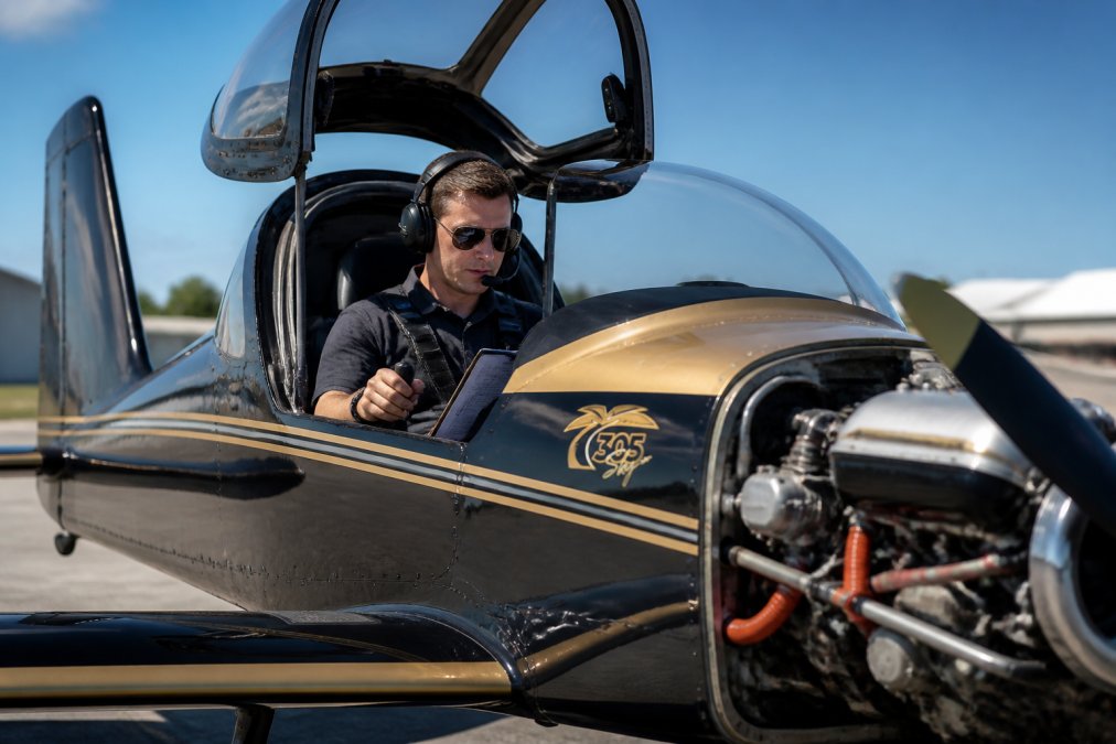 Pilot seated in cockpit with engine cowling visible, performing static engine run with checklist in lap and throttle hand visible, outdoor airfield setting with natural daylight