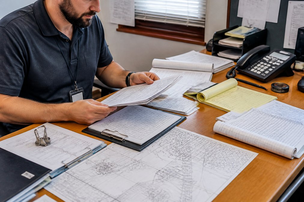 An aircraft dispatcher at a desk reviewing a loading manifest and weight documentation, with flight planning charts and a fuel slip visible under bright office lighting