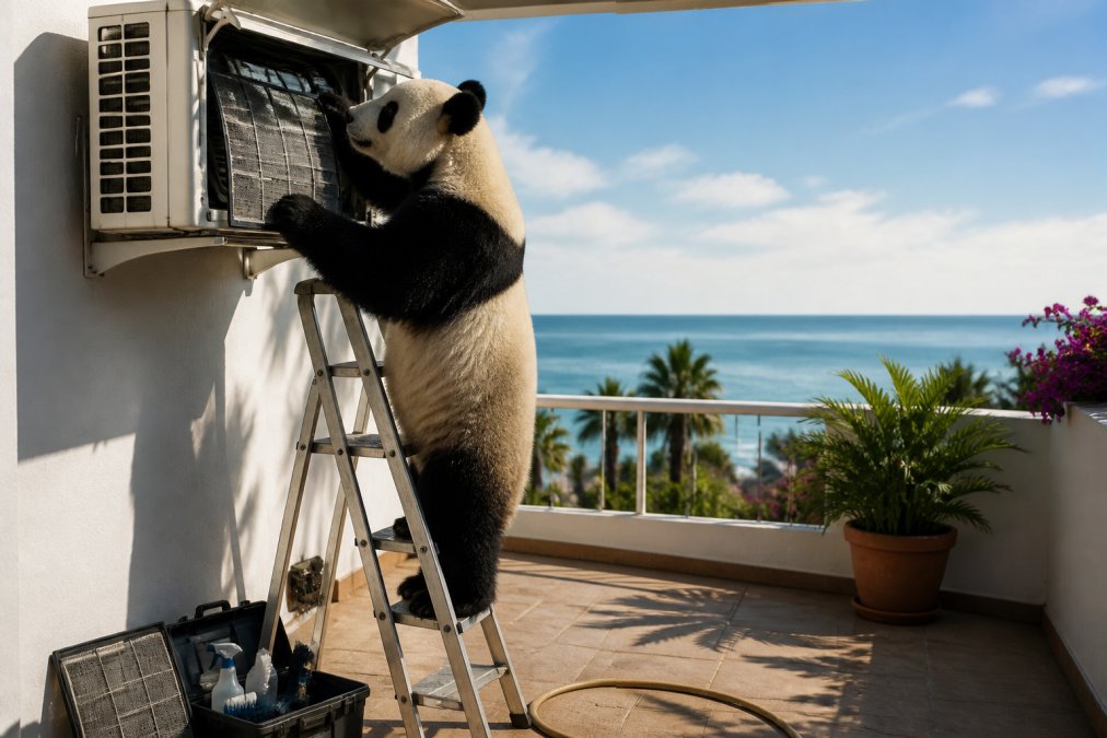 Un oso panda subido a una escalera revisando los filtros de una unidad interior de aire acondicionado en una pared, con herramientas de limpieza en el suelo de una terraza luminosa junto al mar