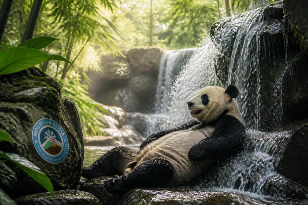 Un panda gigante descansando bajo una cascada refrescante en un bosque tropical exuberante, con luz solar filtrándose entre las hojas