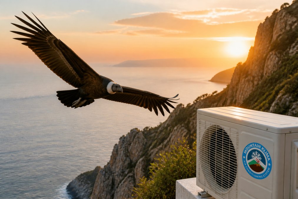 Un cóndor majestuoso sobrevolando acantilados costeros al atardecer, sus alas extendidas en vigilancia constante sobre el paisaje