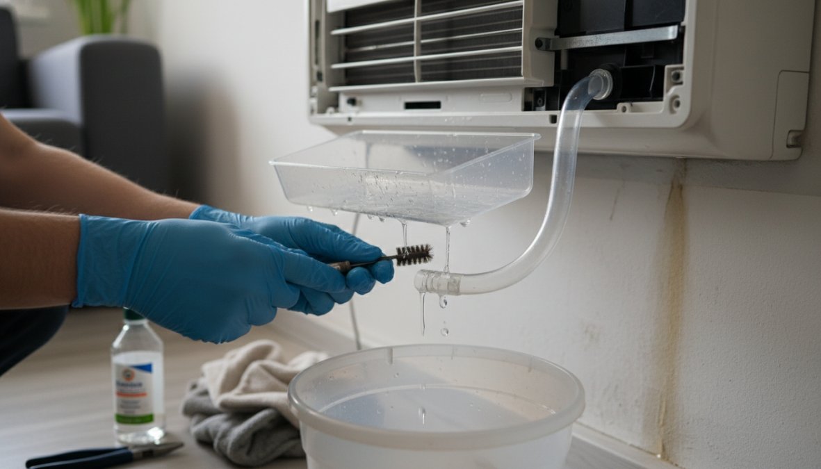 Técnico de climatización usando una jeringa grande para limpiar la manguera de drenaje de un minisplit instalado en la pared de un salón, con una toalla bajo el equipo y una linterna apoyada en la pared, iluminación interior cálida
