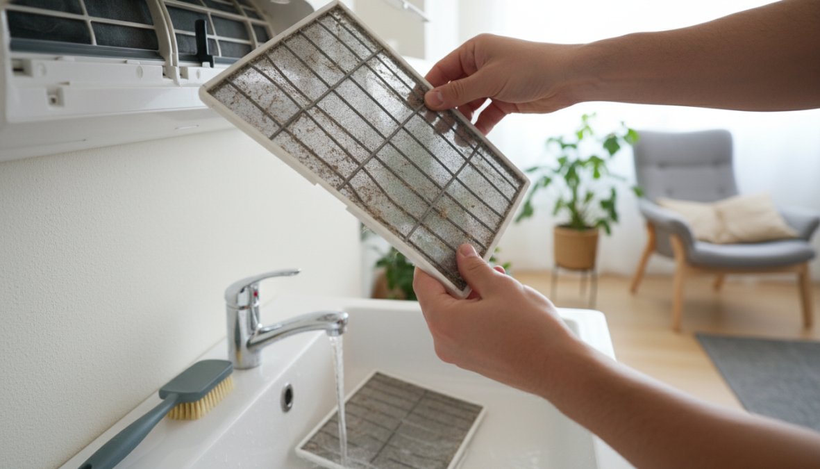 Manos retirando un filtro de aire acondicionado sucio de una unidad interior de split, con un cepillo suave y un paño de limpieza sobre una superficie blanca a la luz natural