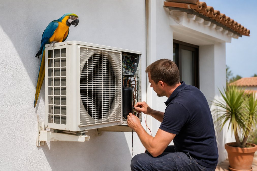 Unidad exterior de aire acondicionado split instalada en fachada de vivienda mediterránea, con enfoque en el compresor visible bajo luz natural, un loro colorido posado en la rejilla de ventilación lateral