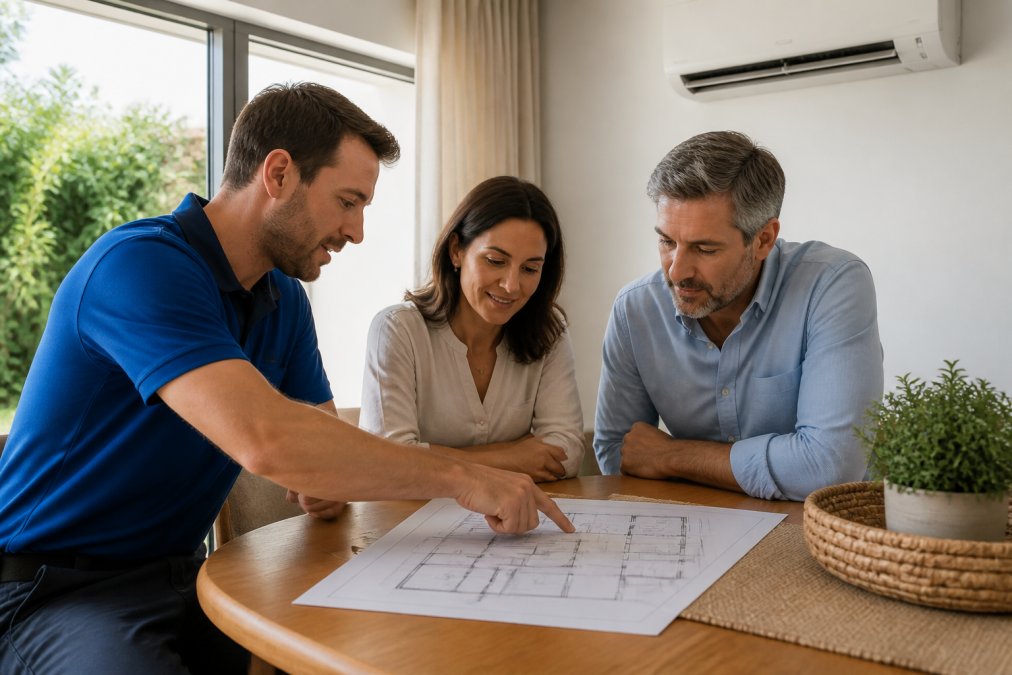 Diagrama técnico mostrando una brújula de orientación solar superpuesta sobre una planta de vivienda, con un loro tropical posado en la esquina suroeste como referencia visual de la orientación crítica